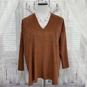 Bryn Walker Size XXS Brown Baxter Faux Leather Suede Tunic V Neck Oversized NEW